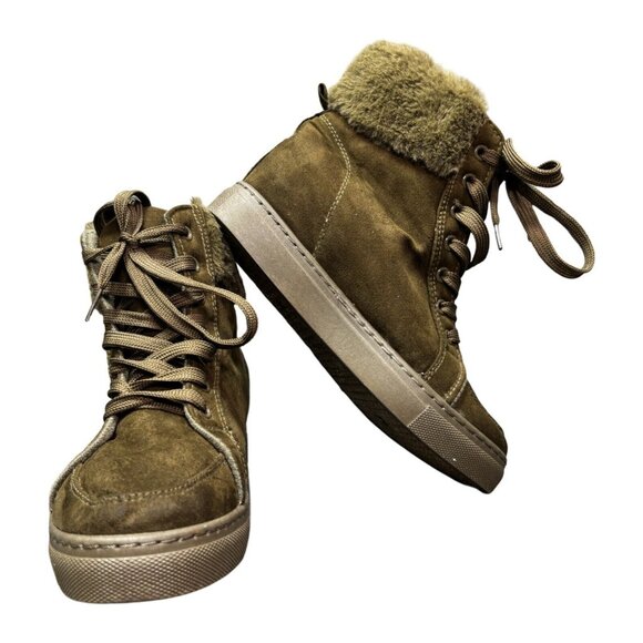Rouge Helium Olive Green Faux Fur Trim Lace-Up Booties Size 7 - Picture 1 of 7